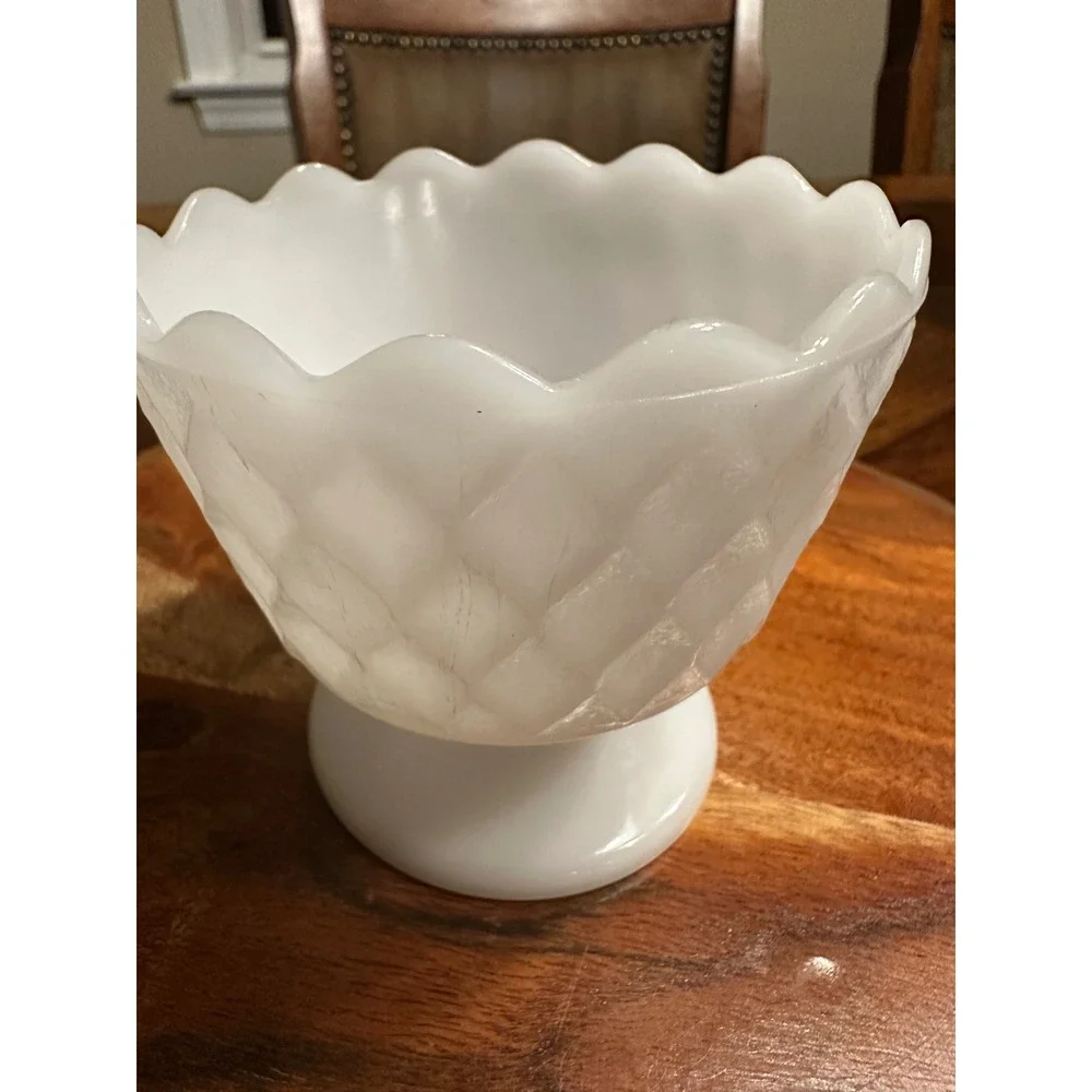 Vintage EO Brody Co Milk Glass Diamond Quilted Footed Scalloped Bowl MJ-51 White